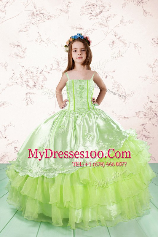 Super Organza Spaghetti Straps Sleeveless Lace Up Embroidery and Ruffled Layers Pageant Gowns For Girls in Yellow Green