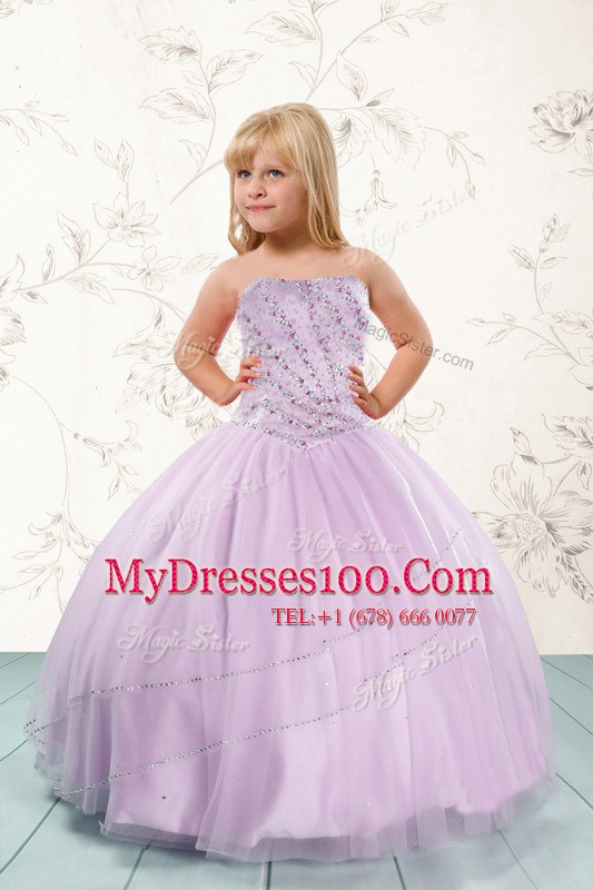 Simple Floor Length Lilac Flower Girl Dresses Tulle Sleeveless Beading