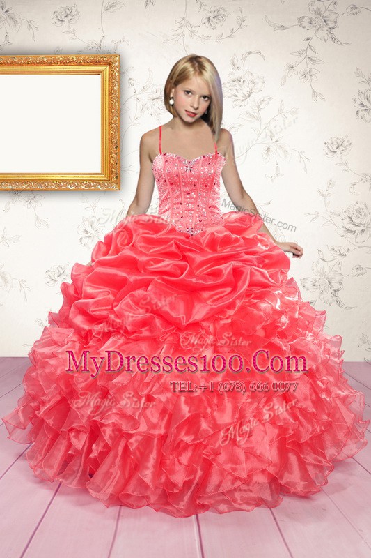Spectacular Coral Red Lace Up Spaghetti Straps Beading and Ruffles and Pick Ups Little Girl Pageant Dress Organza Sleeveless