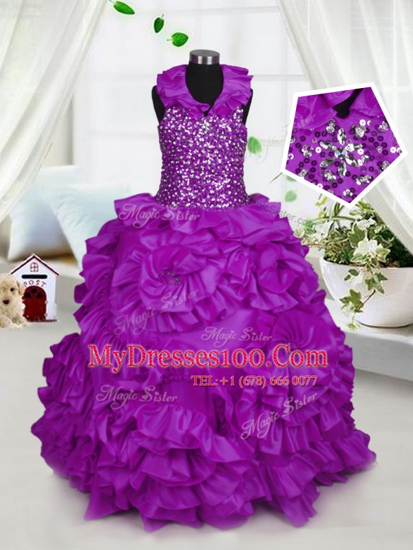 Eye-catching Purple Ball Gowns Taffeta Halter Top Sleeveless Beading Floor Length Zipper Flower Girl Dress
