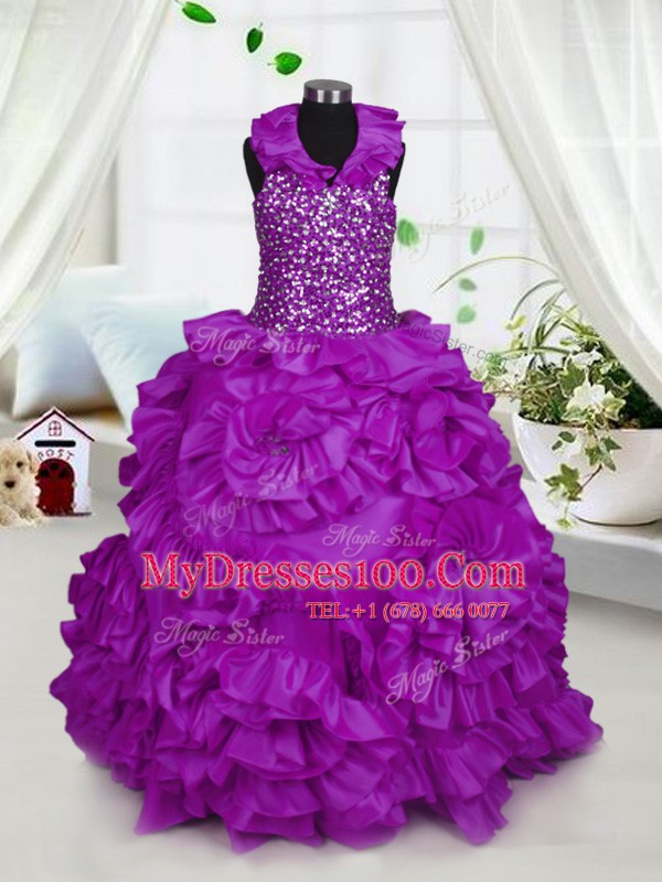 Eye-catching Purple Ball Gowns Taffeta Halter Top Sleeveless Beading Floor Length Zipper Flower Girl Dress