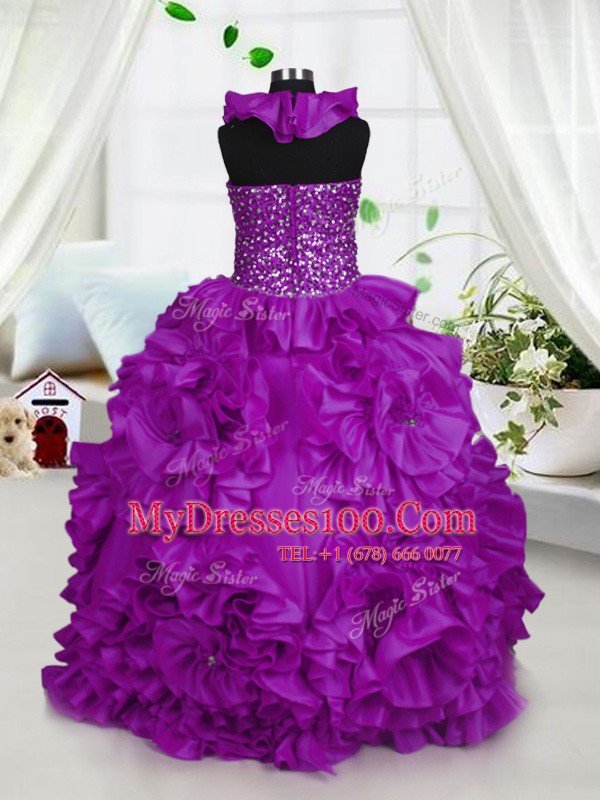 Eye-catching Purple Ball Gowns Taffeta Halter Top Sleeveless Beading Floor Length Zipper Flower Girl Dress