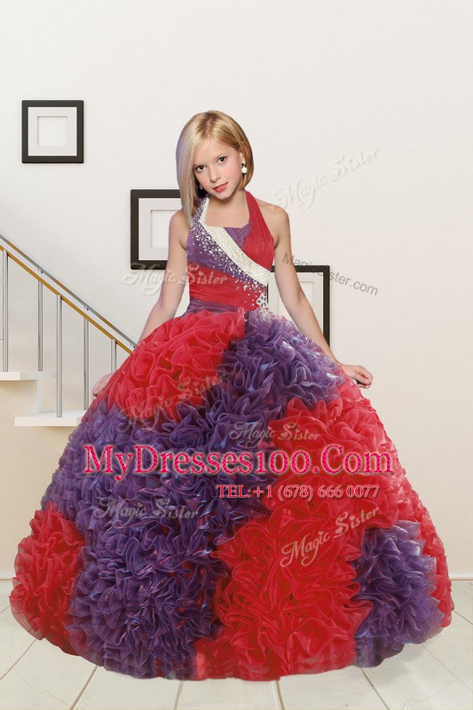 Luxury Halter Top Sleeveless Beading and Ruffles Lace Up Little Girl Pageant Gowns
