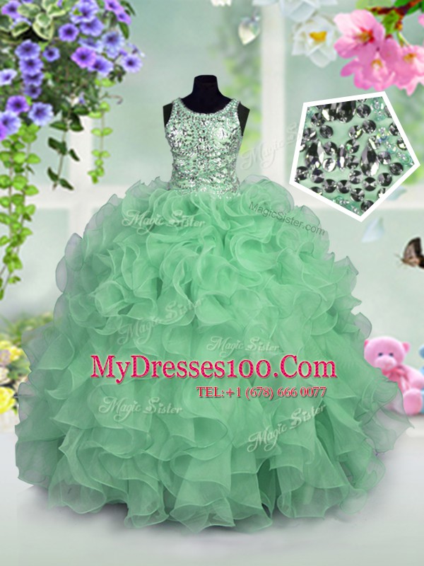 Best Scoop Sleeveless Flower Girl Dresses Floor Length Ruffles and Sequins Apple Green Organza