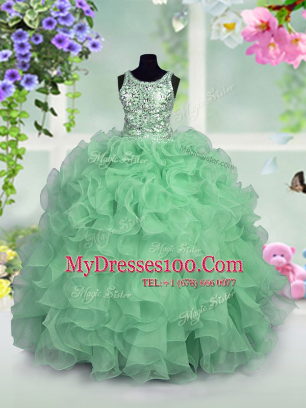 Best Scoop Sleeveless Flower Girl Dresses Floor Length Ruffles and Sequins Apple Green Organza
