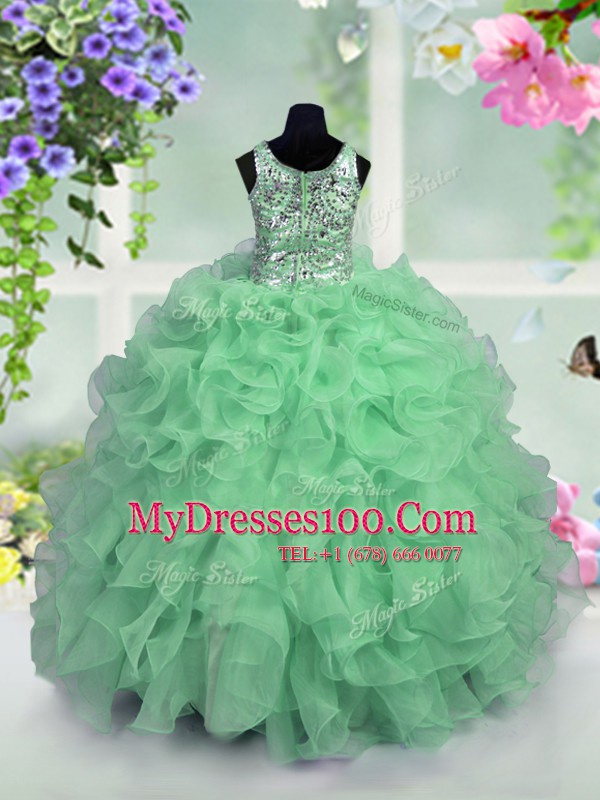 Best Scoop Sleeveless Flower Girl Dresses Floor Length Ruffles and Sequins Apple Green Organza