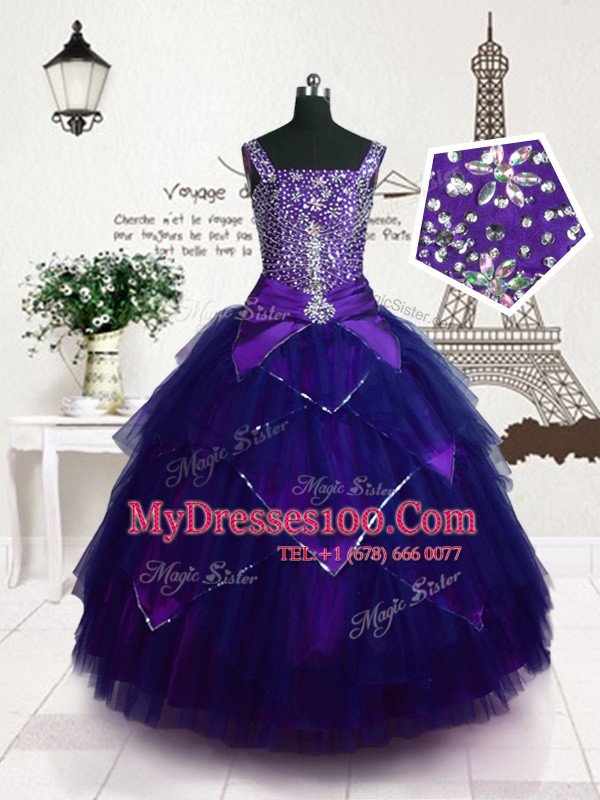 Unique Purple Sleeveless Beading and Belt Floor Length Flower Girl Dress