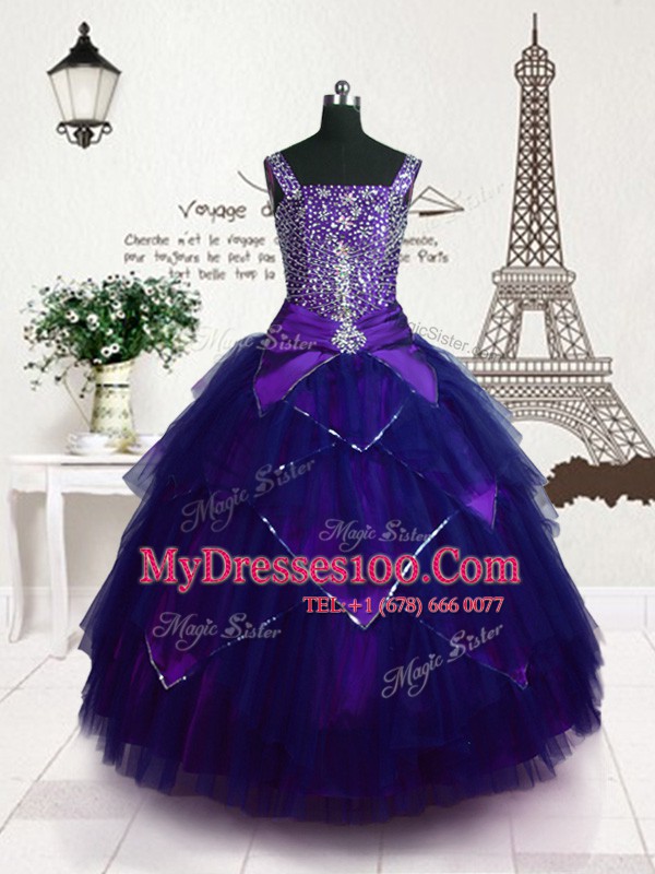 Unique Purple Sleeveless Beading and Belt Floor Length Flower Girl Dress