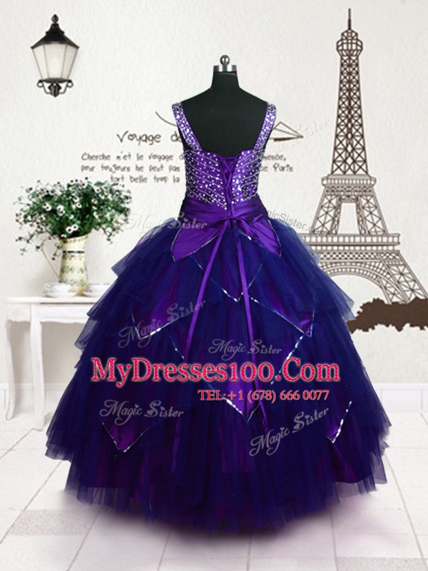 Unique Purple Sleeveless Beading and Belt Floor Length Flower Girl Dress