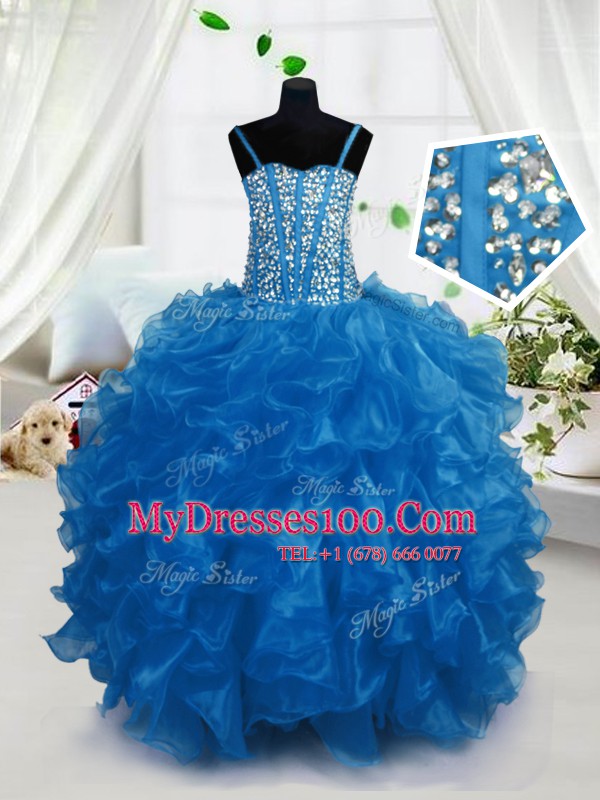 Hot Sale Floor Length Lace Up Toddler Flower Girl Dress Blue for Party and Wedding Party with Beading and Ruffles
