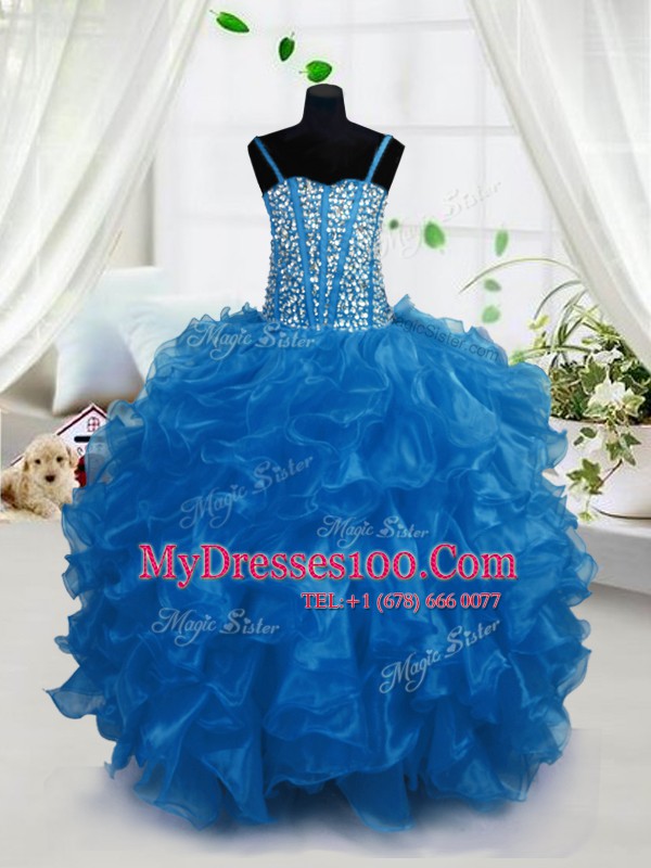 Hot Sale Floor Length Lace Up Toddler Flower Girl Dress Blue for Party and Wedding Party with Beading and Ruffles