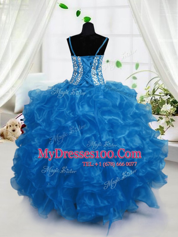Hot Sale Floor Length Lace Up Toddler Flower Girl Dress Blue for Party and Wedding Party with Beading and Ruffles