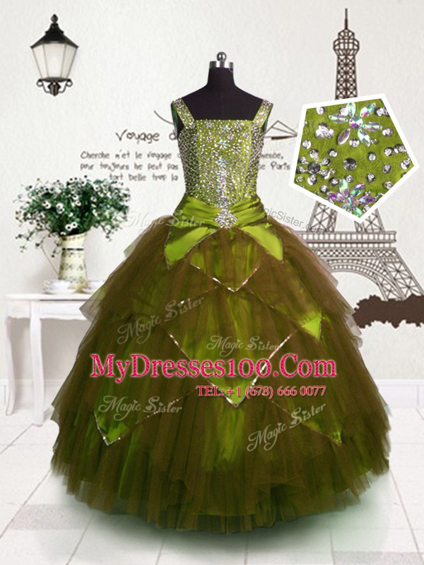 Floor Length Brown Little Girl Pageant Gowns Tulle Sleeveless Beading and Belt
