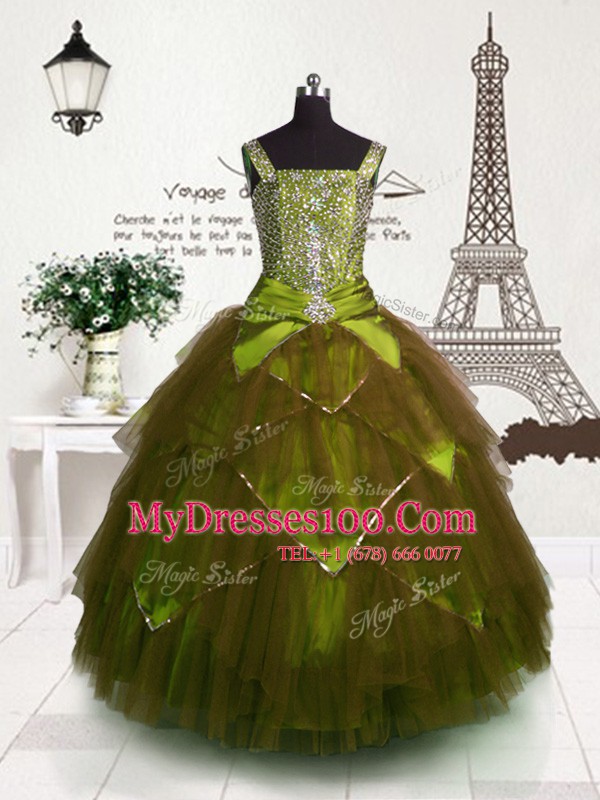 Floor Length Brown Little Girl Pageant Gowns Tulle Sleeveless Beading and Belt