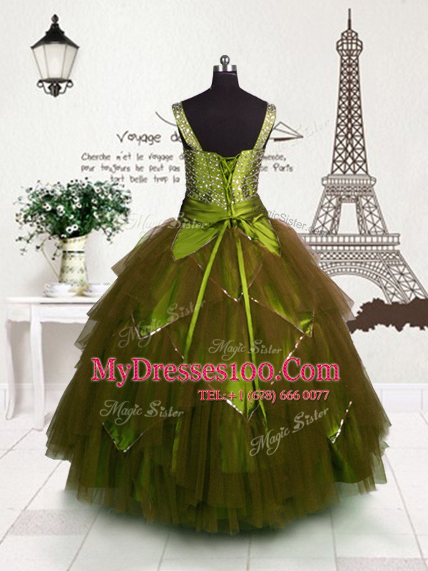 Floor Length Brown Little Girl Pageant Gowns Tulle Sleeveless Beading and Belt