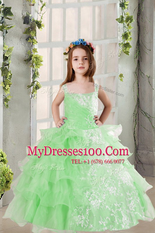 Apple Green Ball Gowns Lace and Ruffled Layers Little Girls Pageant Gowns Lace Up Organza Sleeveless Floor Length