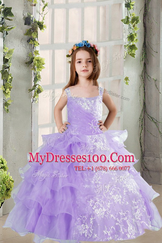 Beauteous Lavender Flower Girl Dresses for Less Military Ball and Sweet 16 and Quinceanera and For with Beading and Ruffled Layers Square Sleeveless Lace Up