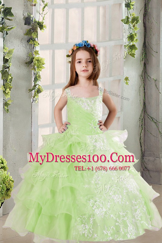 Discount Organza Square Sleeveless Lace Up Lace and Ruffled Layers Flower Girl Dress in Yellow Green