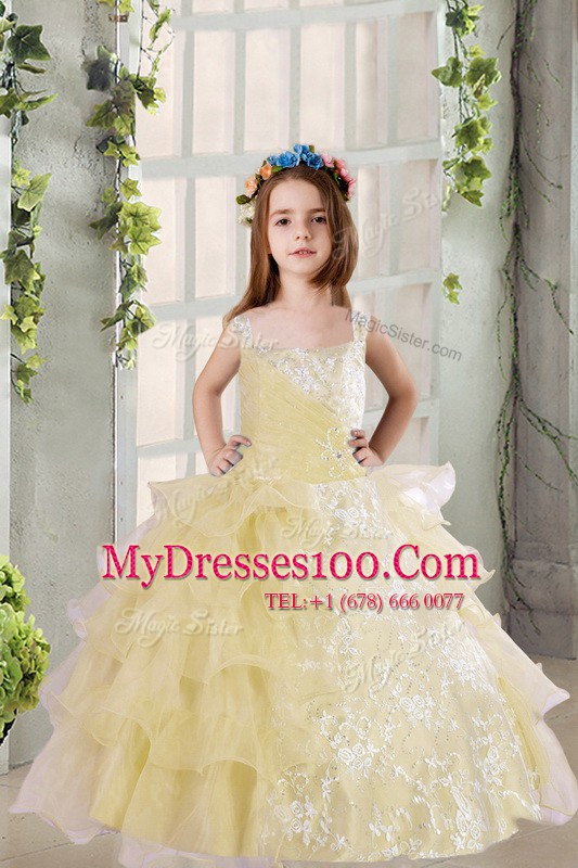 Cute Ruffled Ball Gowns Flower Girl Dresses for Less Light Yellow Square Organza Sleeveless Floor Length Lace Up