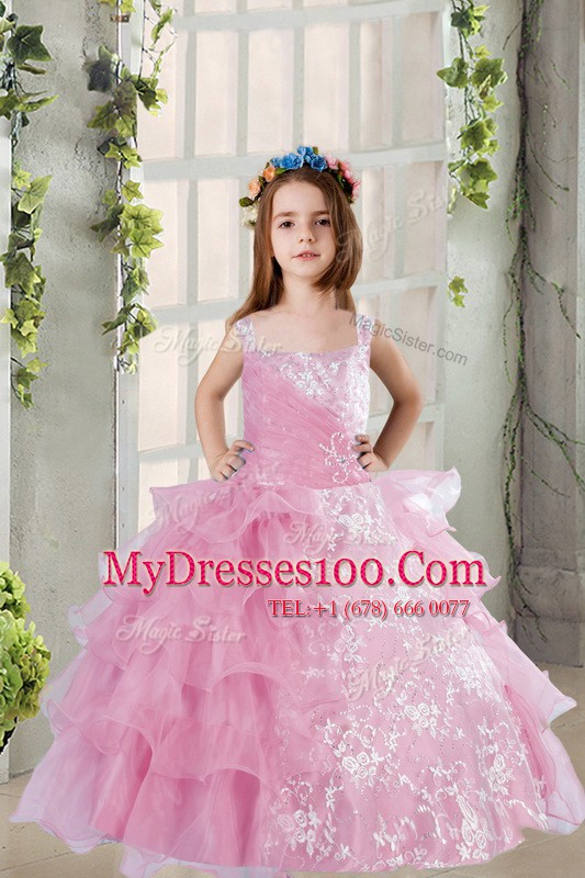 Lilac Lace Up Square Lace and Ruffled Layers Toddler Flower Girl Dress Organza Sleeveless