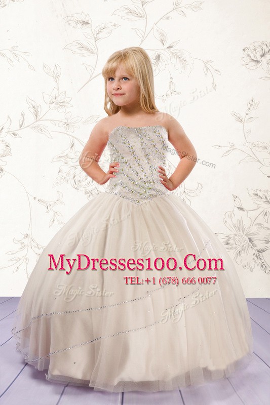Champagne Strapless Neckline Beading Pageant Gowns For Girls Sleeveless Lace Up