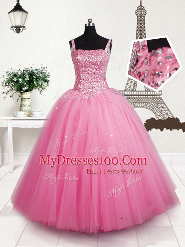 Sleeveless Tulle Floor Length Lace Up Flower Girl Dresses for Less in Baby Pink with Beading and Sequins