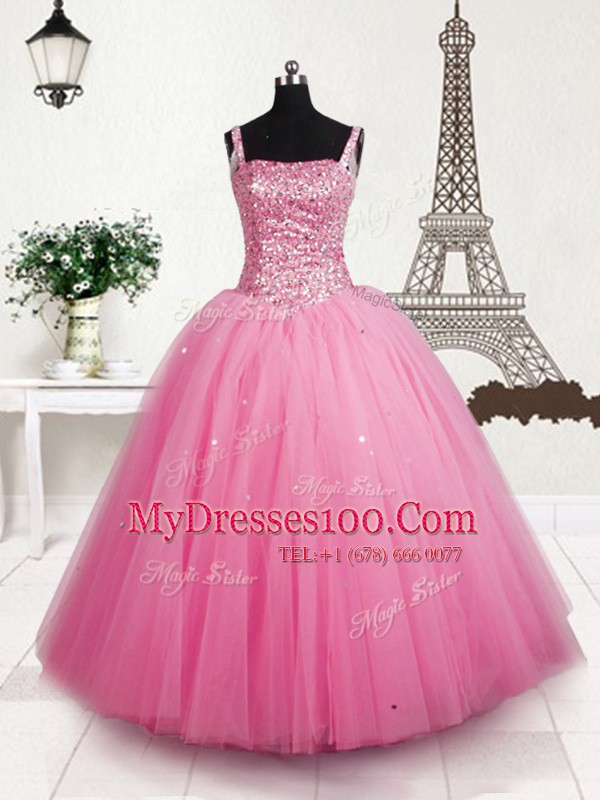 Sleeveless Tulle Floor Length Lace Up Flower Girl Dresses for Less in Baby Pink with Beading and Sequins