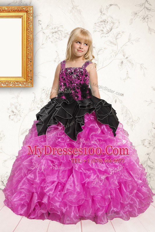 Black and Hot Pink Organza Lace Up Straps Sleeveless Floor Length Kids Pageant Dress Beading and Ruffles