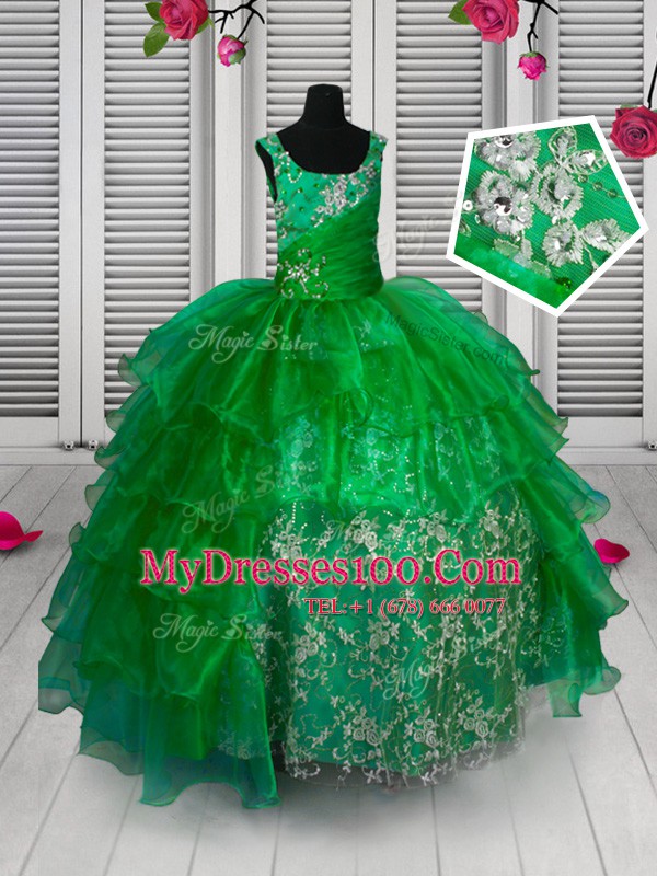 Pretty Appliques and Ruffled Layers Flower Girl Dresses for Less Green Lace Up Sleeveless Floor Length