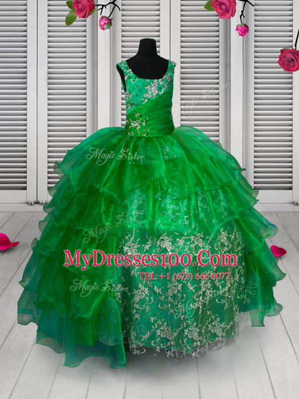 Pretty Appliques and Ruffled Layers Flower Girl Dresses for Less Green Lace Up Sleeveless Floor Length