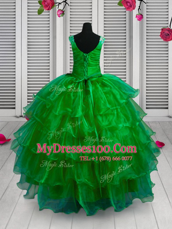 Pretty Appliques and Ruffled Layers Flower Girl Dresses for Less Green Lace Up Sleeveless Floor Length