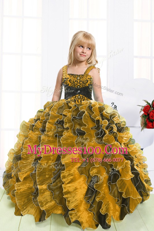 Traditional Multi-color Organza Lace Up Little Girls Pageant Dress Wholesale Sleeveless Floor Length Beading and Ruffles