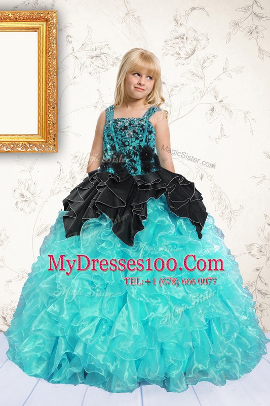 Pick Ups Floor Length Ball Gowns Sleeveless Aqua Blue Little Girls Pageant Dress Wholesale Lace Up