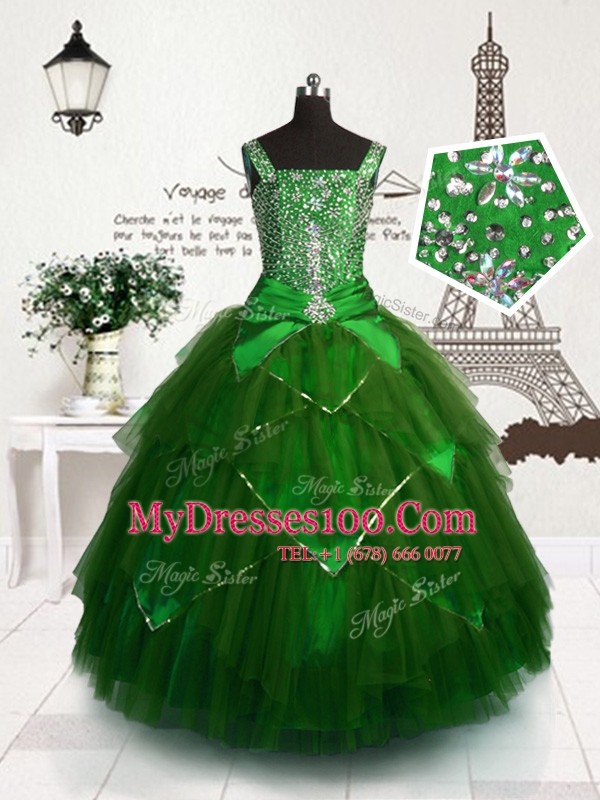 Floor Length Dark Green Kids Pageant Dress Straps Sleeveless Lace Up