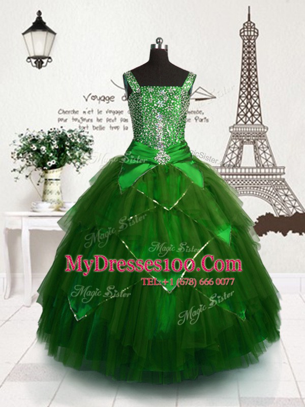 Floor Length Dark Green Kids Pageant Dress Straps Sleeveless Lace Up