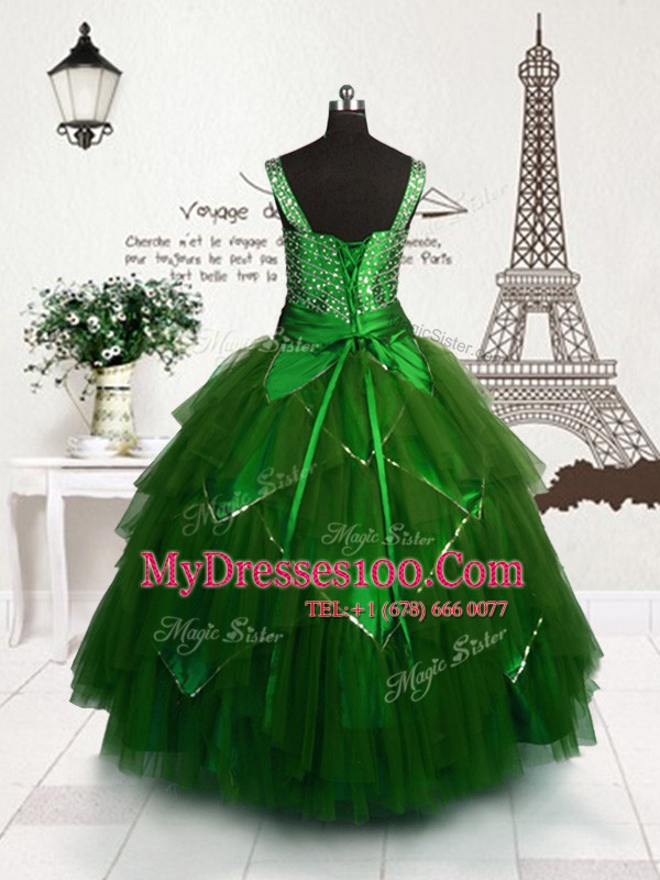 Floor Length Dark Green Kids Pageant Dress Straps Sleeveless Lace Up
