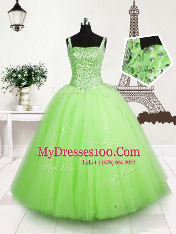 Best Selling Straps Sleeveless Kids Pageant Dress Floor Length Beading and Sequins Apple Green Tulle