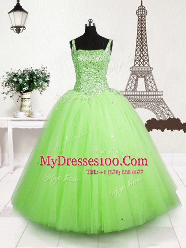 Best Selling Straps Sleeveless Kids Pageant Dress Floor Length Beading and Sequins Apple Green Tulle