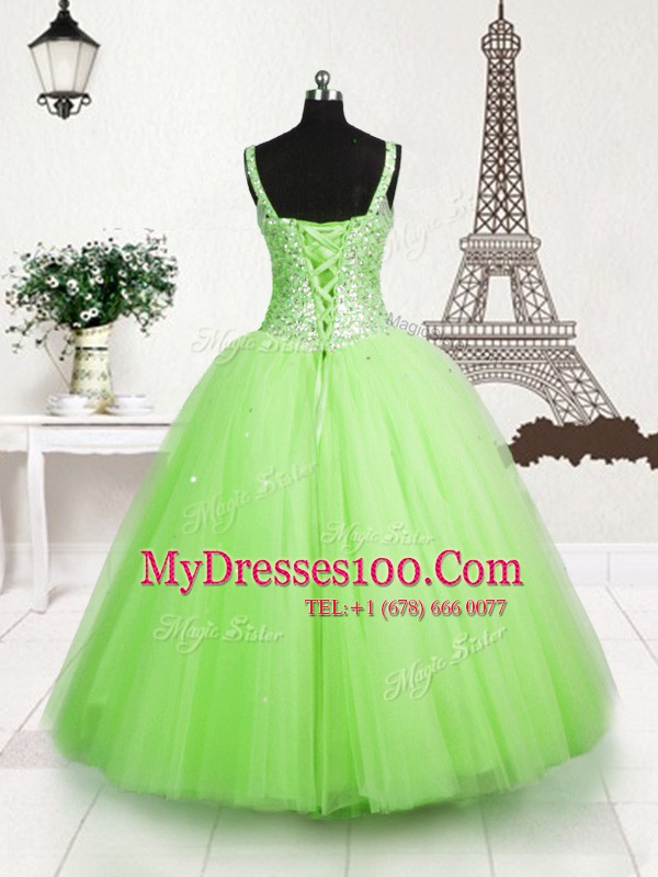 Best Selling Straps Sleeveless Kids Pageant Dress Floor Length Beading and Sequins Apple Green Tulle