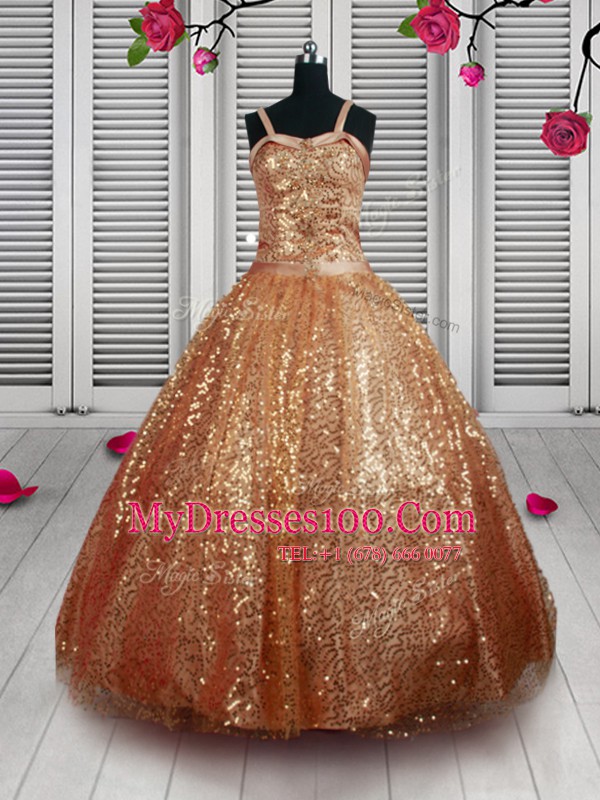 Luxurious Sequins Floor Length Ball Gowns Sleeveless Rust Red Pageant Gowns For Girls Lace Up