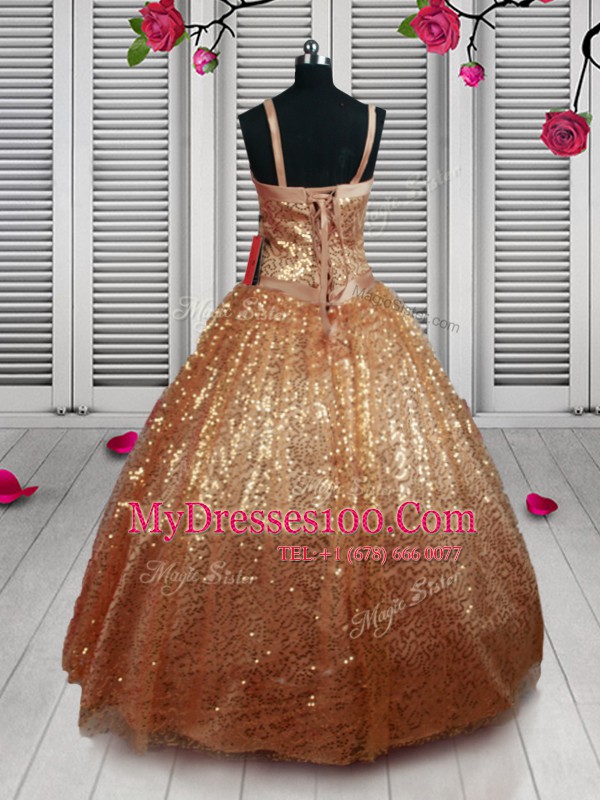 Luxurious Sequins Floor Length Ball Gowns Sleeveless Rust Red Pageant Gowns For Girls Lace Up