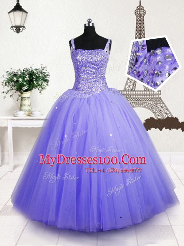 Sequins Floor Length Ball Gowns Sleeveless Lavender Little Girls Pageant Gowns Lace Up