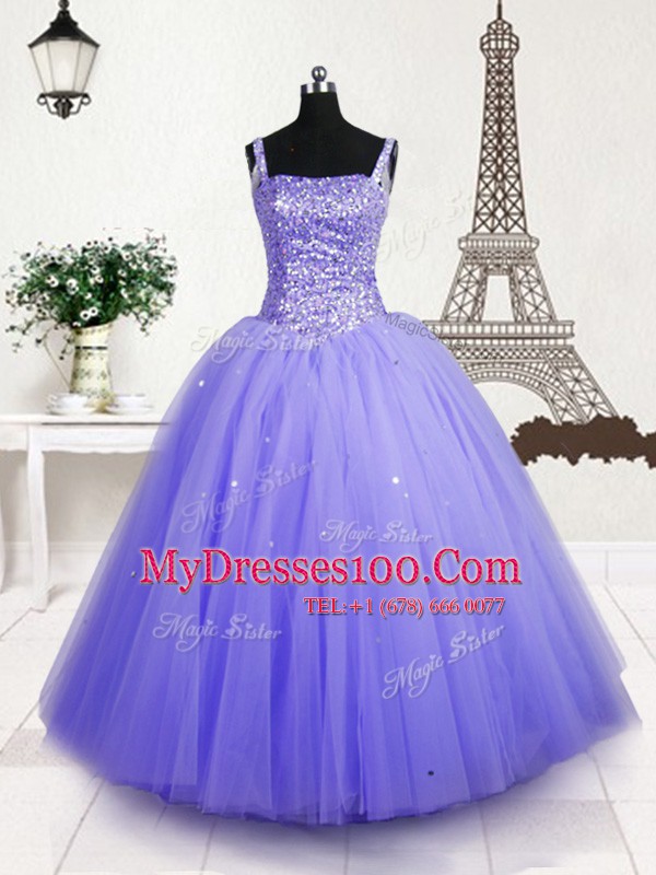 Sequins Floor Length Ball Gowns Sleeveless Lavender Little Girls Pageant Gowns Lace Up