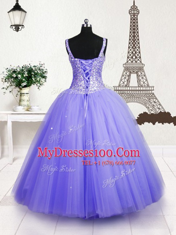 Sequins Floor Length Ball Gowns Sleeveless Lavender Little Girls Pageant Gowns Lace Up