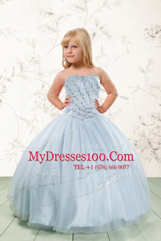 Baby Blue Ball Gowns Strapless Sleeveless Tulle Floor Length Lace Up Beading Little Girl Pageant Dress