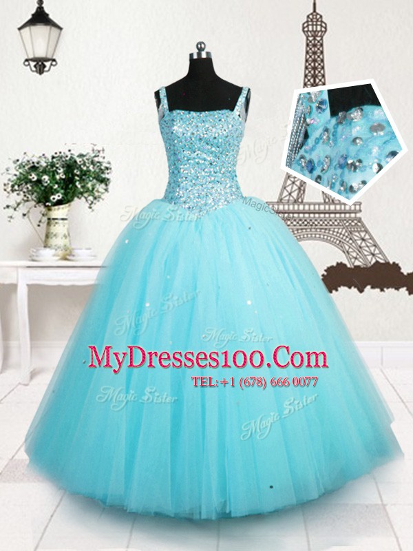 Sophisticated Light Blue Tulle Lace Up Flower Girl Dresses Sleeveless Floor Length Beading and Sequins