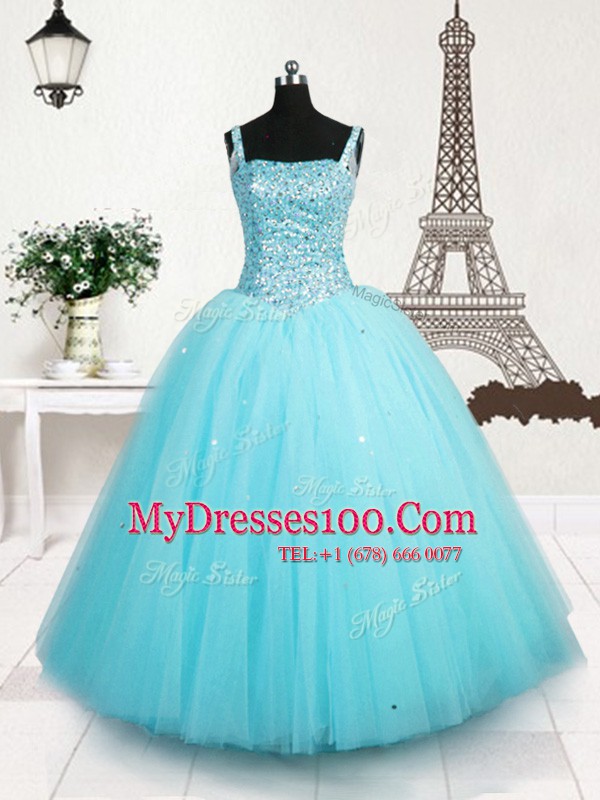 Sophisticated Light Blue Tulle Lace Up Flower Girl Dresses Sleeveless Floor Length Beading and Sequins