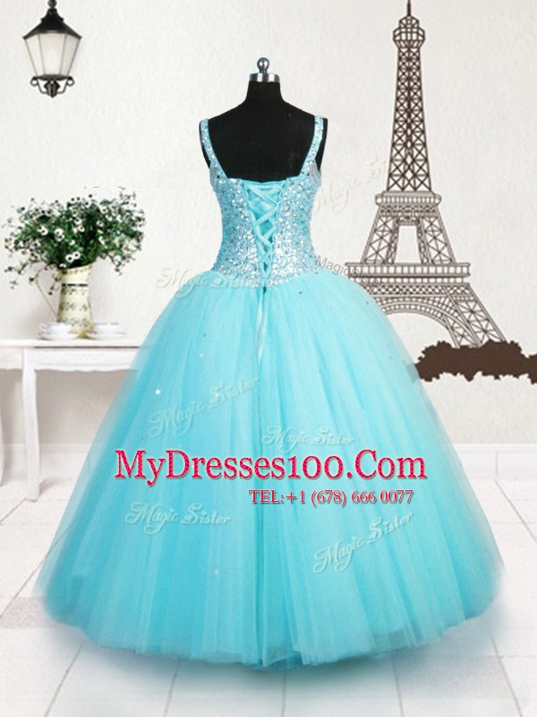 Sophisticated Light Blue Tulle Lace Up Flower Girl Dresses Sleeveless Floor Length Beading and Sequins