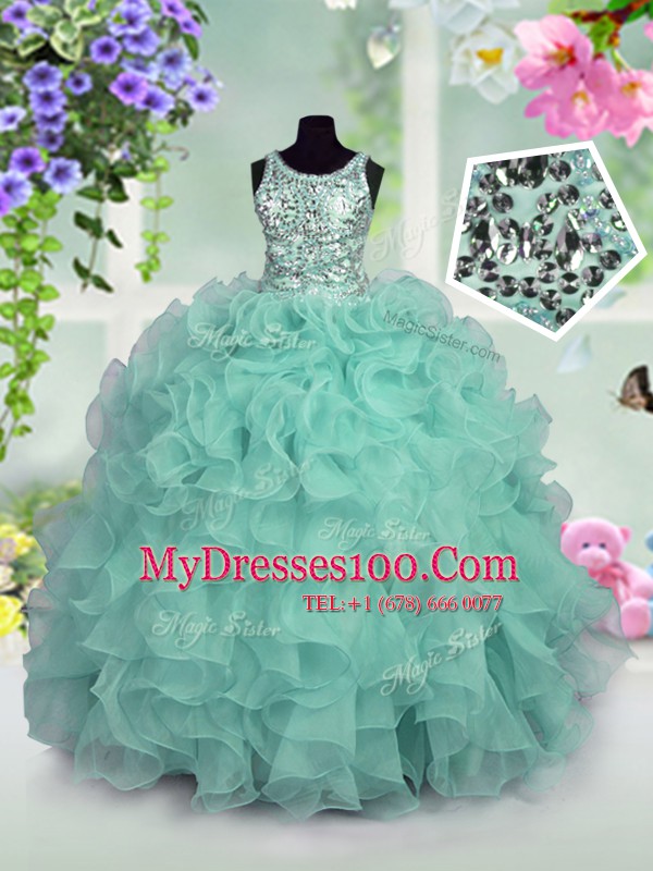 Fabulous Scoop Turquoise Sleeveless Floor Length Ruffles and Sequins Zipper Flower Girl Dresses for Less
