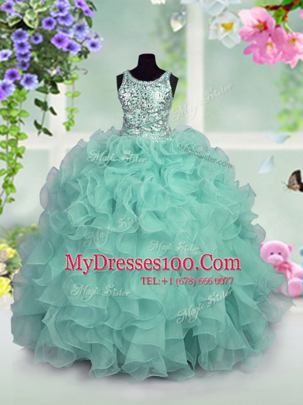 Fabulous Scoop Turquoise Sleeveless Floor Length Ruffles and Sequins Zipper Flower Girl Dresses for Less
